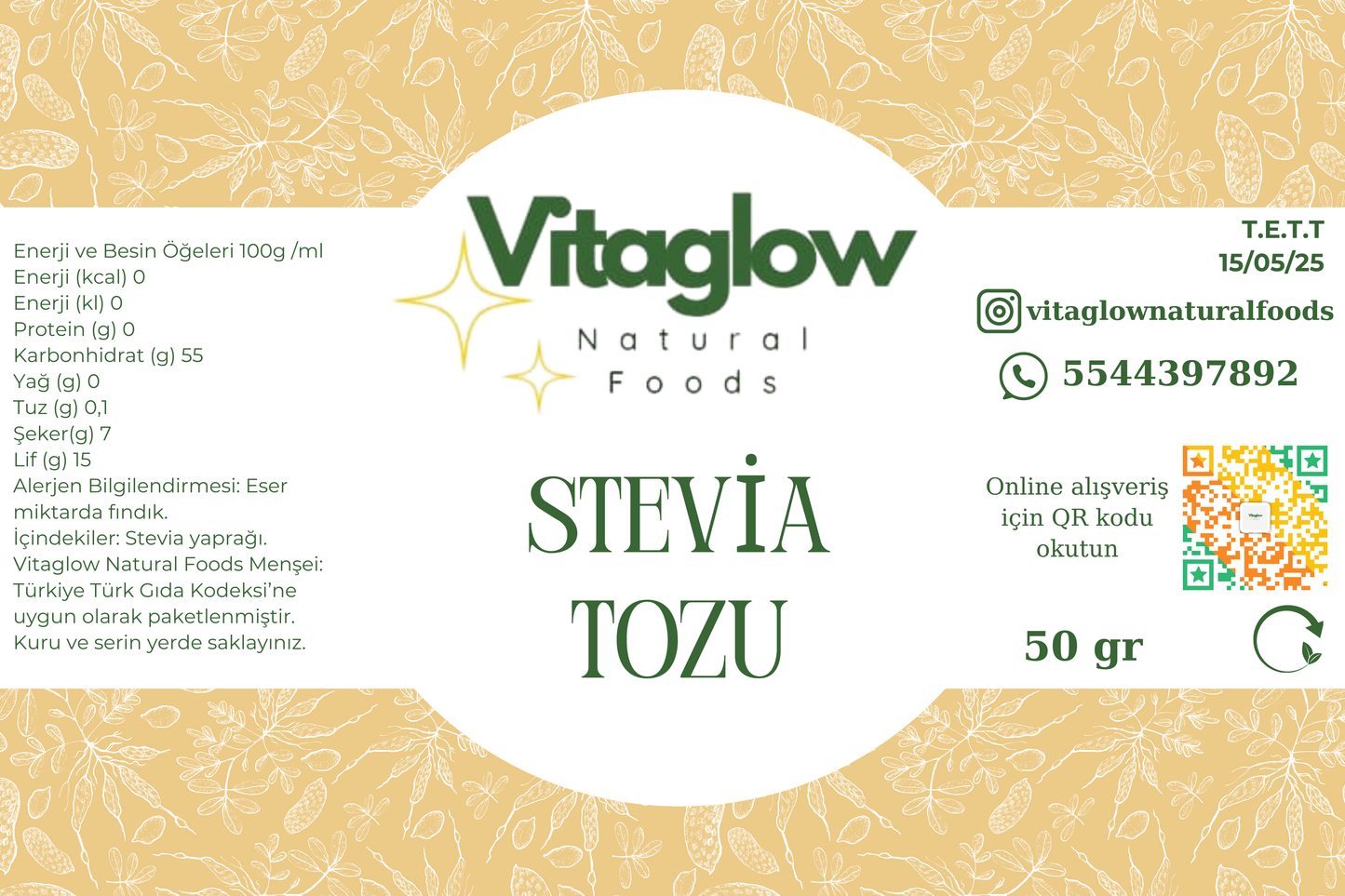 Stevia Tozu ( 50 gr) Stevia Powder Doğal Toz Tatlandırıcı